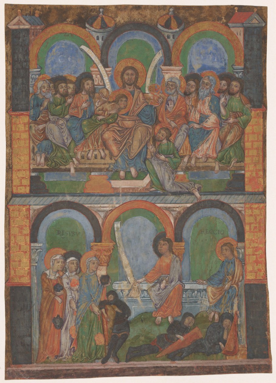 Fragment z liturgické knihy: Poslední večeře a tři ženy u prázdného hrobu od Anonymous