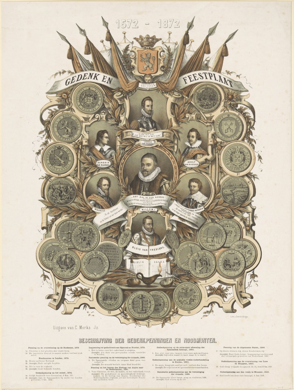 Pamětní a slavnostní deska s portréty Viléma I., prince Oranžského, jeho synů Mauritse a Frederika Hendrika, princů Oranžských, jeho bratrů Lodewijka, Adolfa a Hendrika, hrabat z Nassau a Willema Bloyse van Treslonga od Anonymous