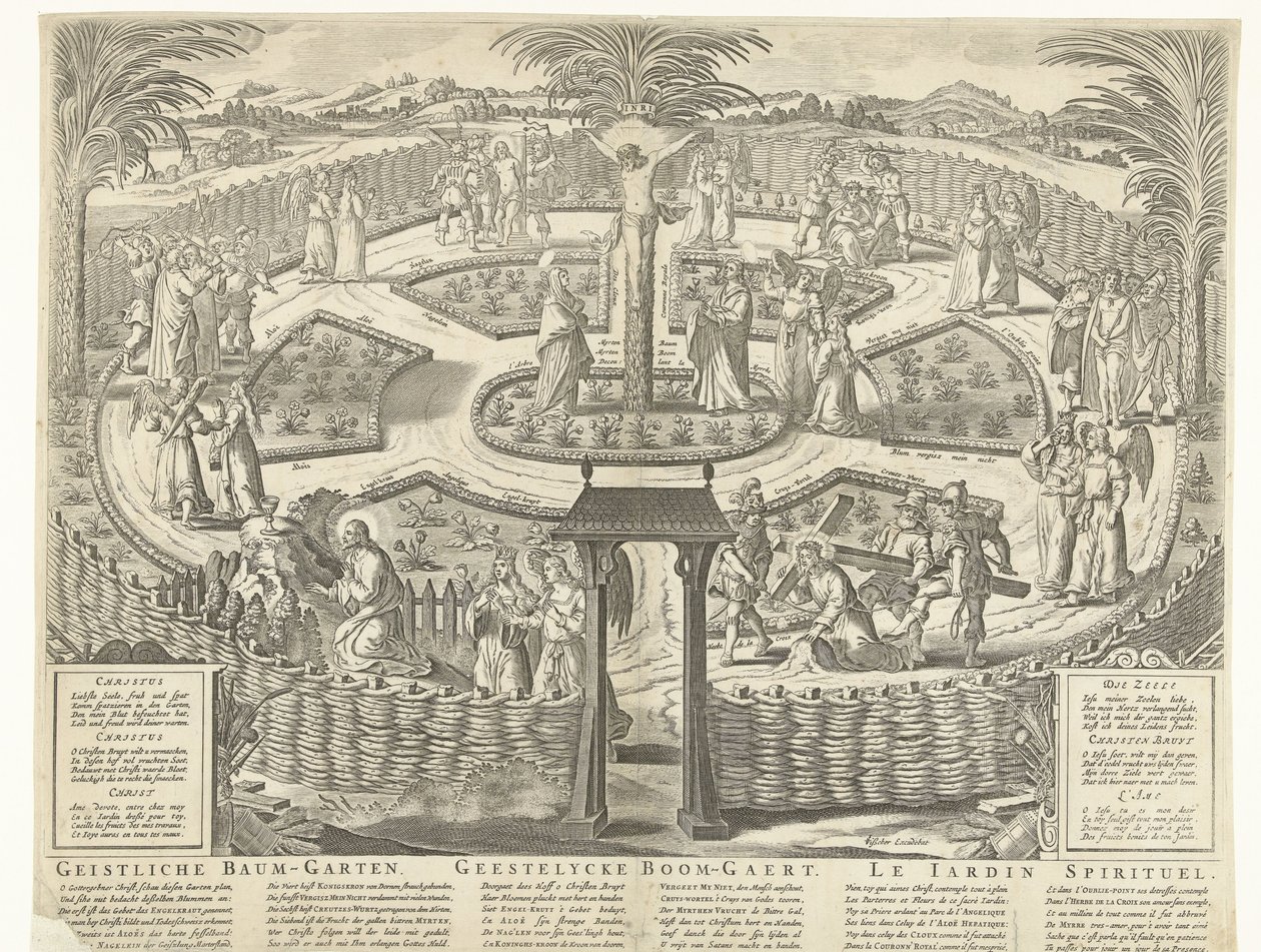 Duchovní sad, kolem roku 1650 Geistliche Baum-Garten / Geestelycke Boom-Gaert / Le Jardin Spirituel (název na objektu) od Anonymous