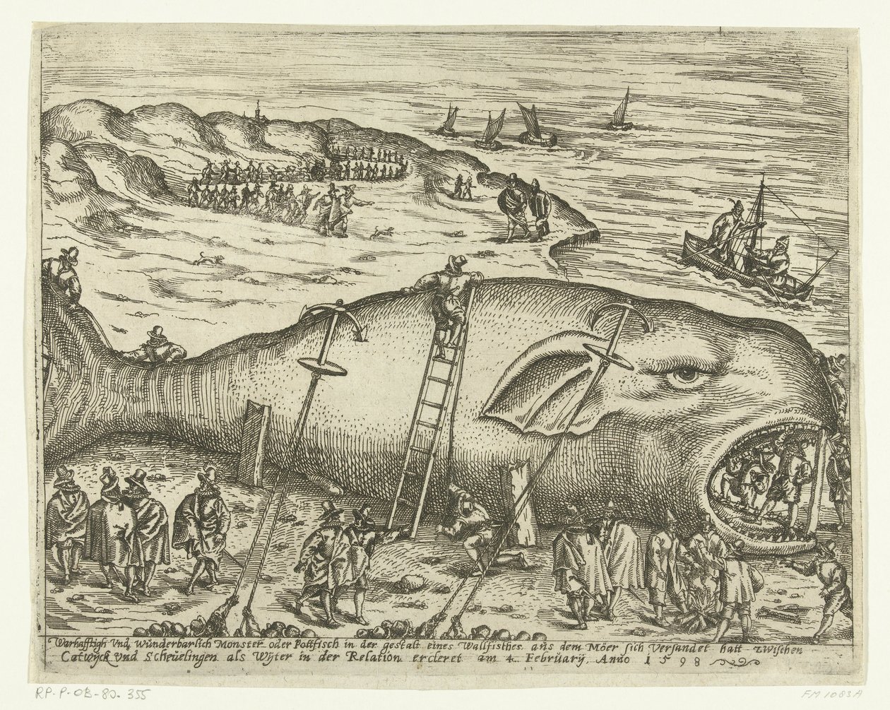 Stranded Walvis poblíž Berckhey, 1598 Warhafttigh And Wonderful Monster nebo Pottfisch v podobě velryby, z níž se Möer 4. února, Anno 1598 uchýlil mezi Catwyck a Schevelingen jako Wyter ve vztahu ercleret (sýkora od Anonymous