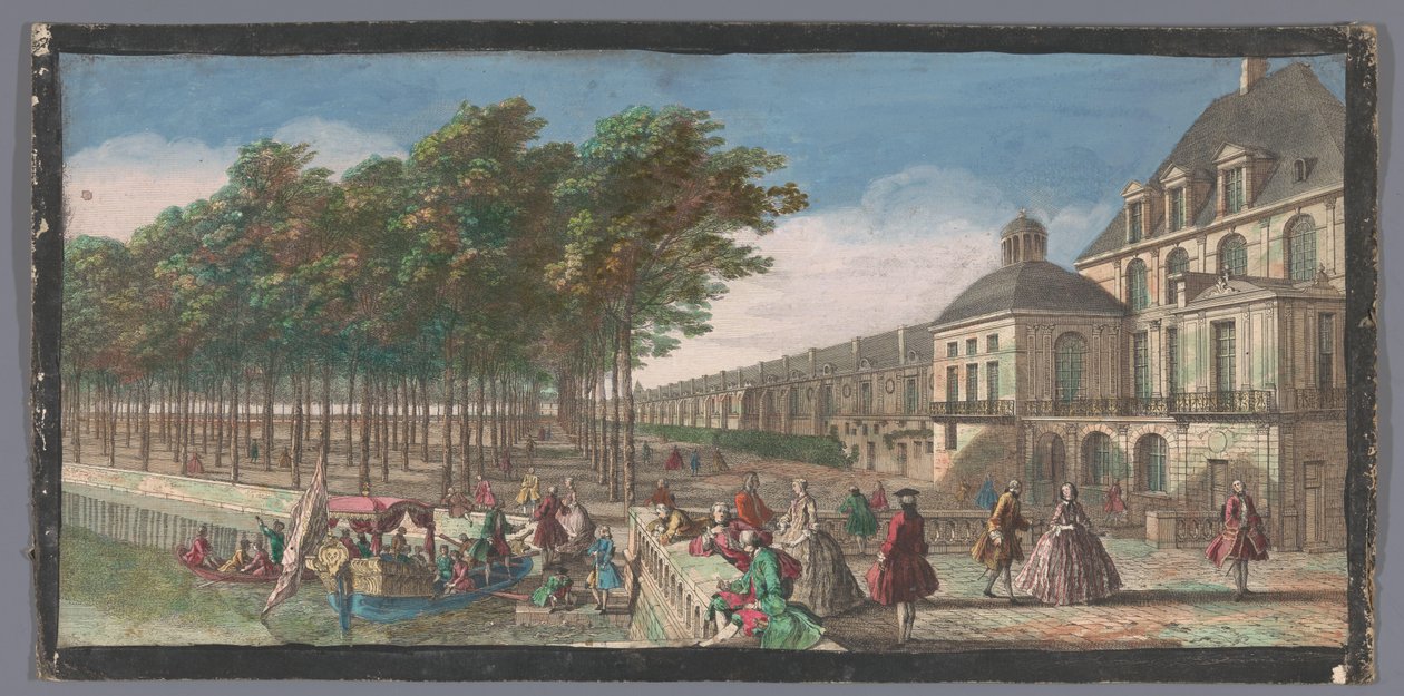 Gezicht op de Cour de la Fontaine van het Palace of Fontainebleau Pohled na křídlo zámku Fontainebleau, převzato z Cour des Fontaines v Paříži (název na objektu) od Anonymous