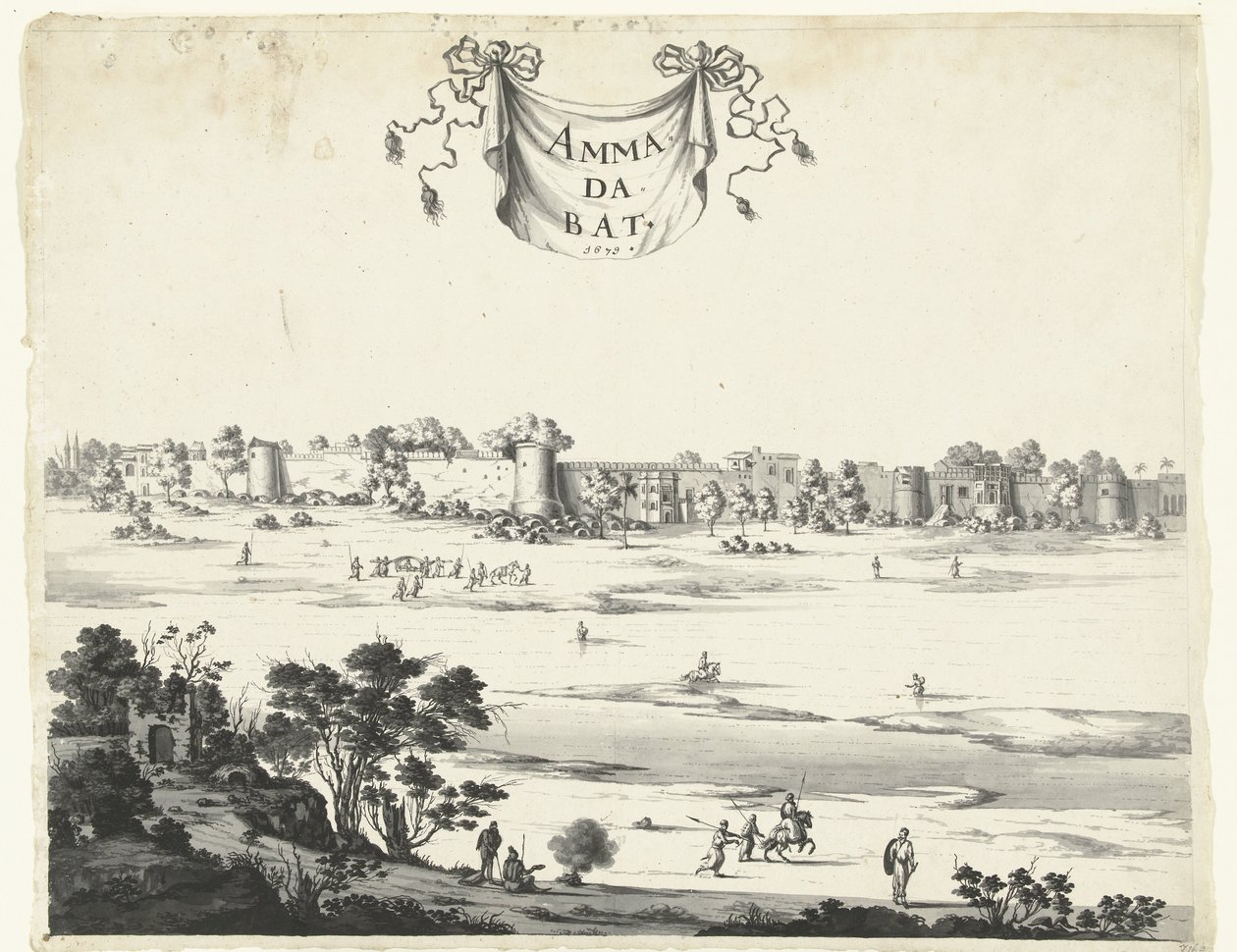 Pohled na město Ahmadabad Ammadabat (název na objektu) Tváře v Indii z let 1678-1679 (název série) od Anonymous