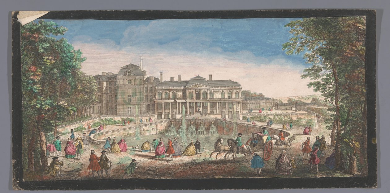 Gezicht op het Château de Saint-Cloud gezien vanaf de Chemin de Versailles Pohled na jedno z křídel Chateau de St. Cloud ze strany podkovy nebo Chemin de Versaille (název na objektu) od Anonymous