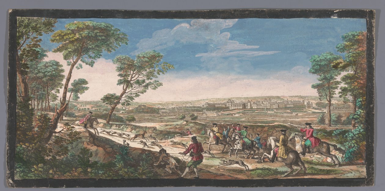 Gezicht op het Palace of Fontainebleau Celkový pohled na Fontainebleau z vrcholu protější hory na straně parteru (název na objektu) od Anonymous