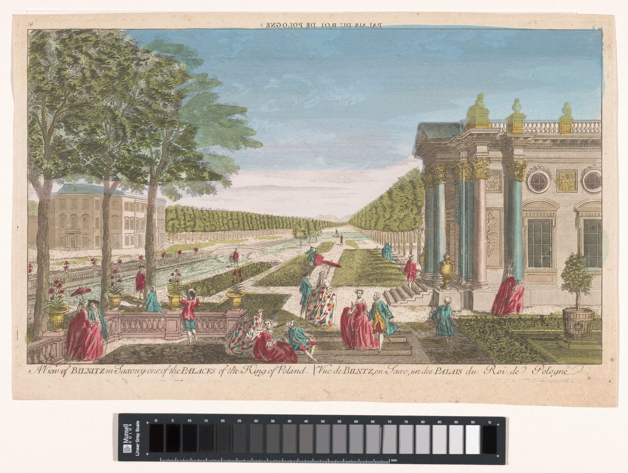 Gezicht op het Schloss Pillnitz Pohled na Bilnitz v Sasku, jeden z paláců polského krále (titul na předmětu) od Anonymous