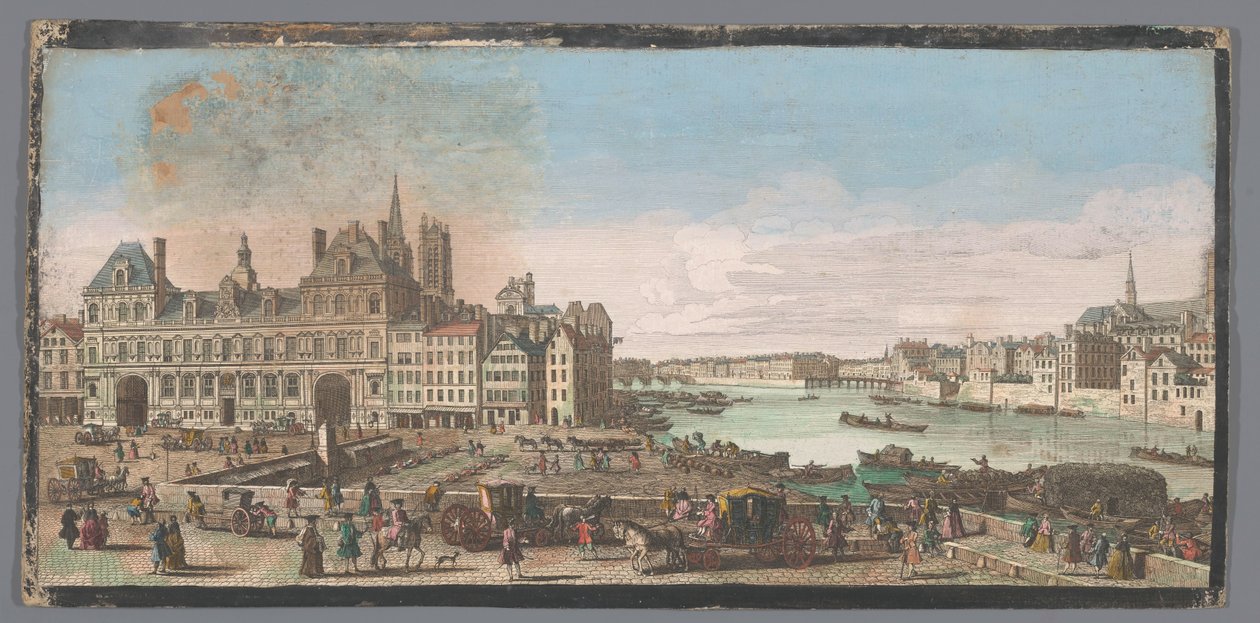 Gezicht op het Stadhuis en de rivier de Seine te Parijs Pohled na pařížskou radnici. Kde vidíme v dálce Pont Marie a Pont de Bois zvaný Pont Rouge (název na předmětu) od Anonymous