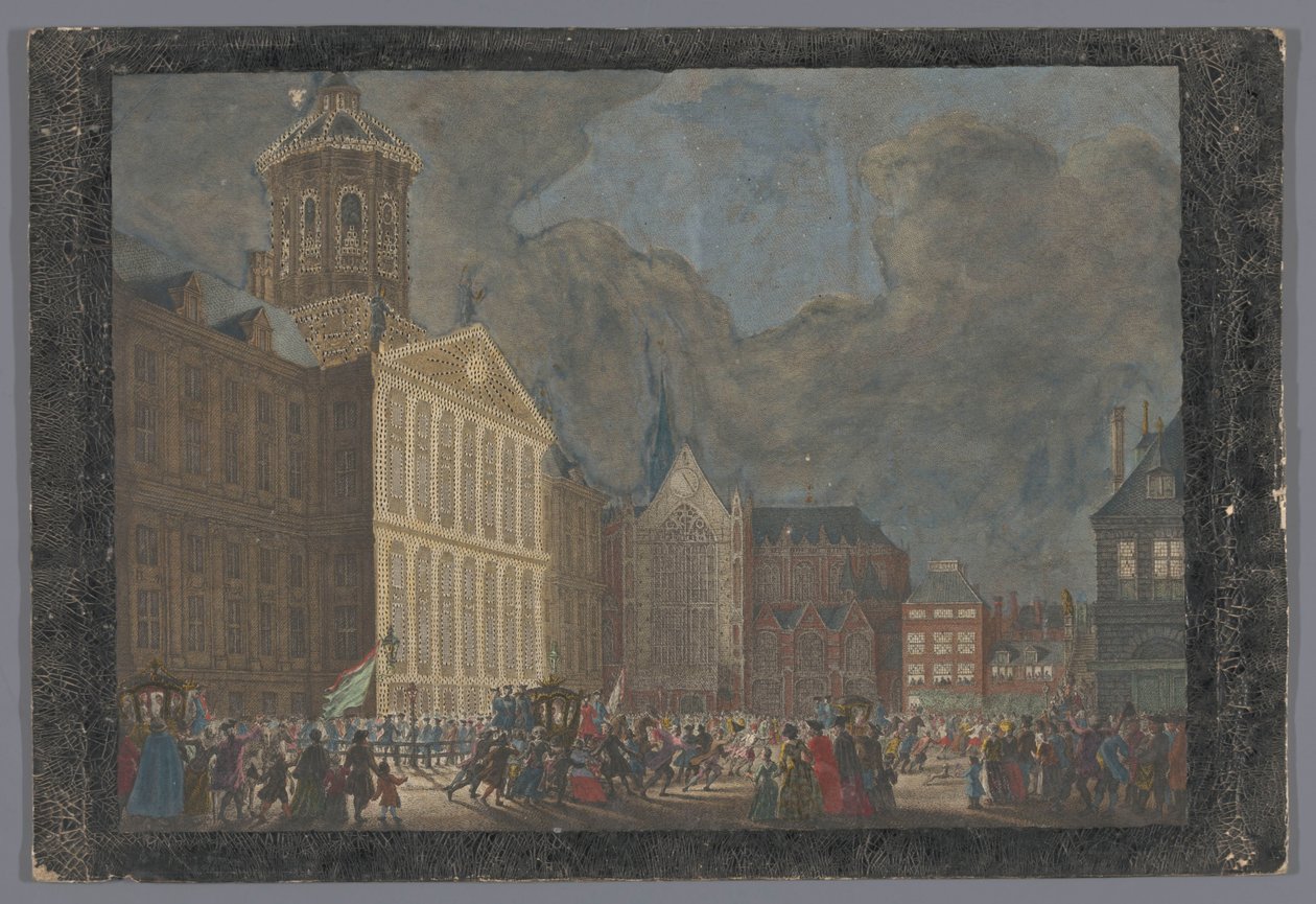 Pohled na radnici v Amsterdamu s příjezdem Williama V. a Wilhelminy Pruské na náměstí Dam 31. května 1768 od Anonymous