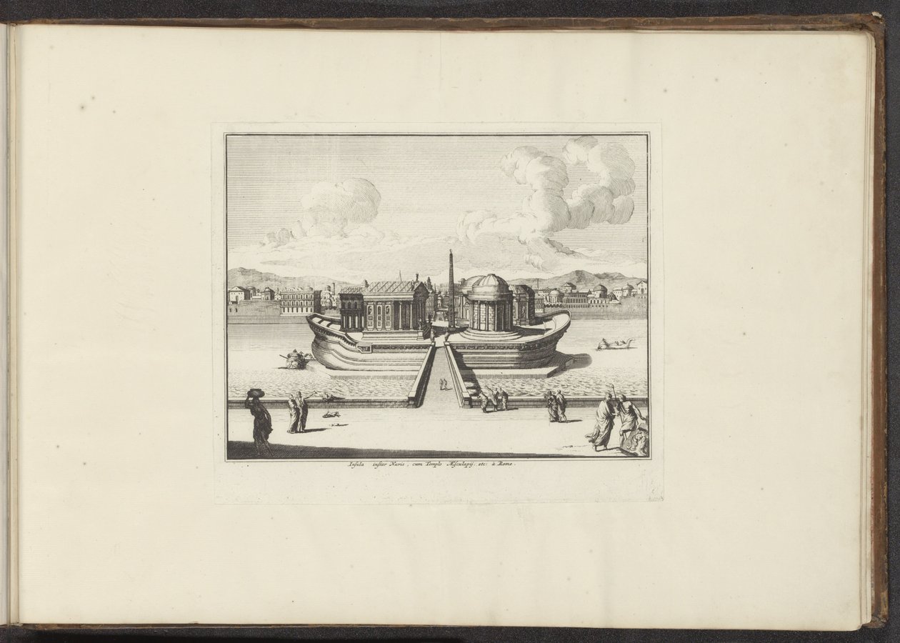 Pohled na ostrov Tiber v Římě Insula instar Navis, s Templo Aesculapij. atd.: à Rome (název na objektu) Paláce a památky v Benátkách, Livornu, Neapoli a Římě (název série) od Anonymous
