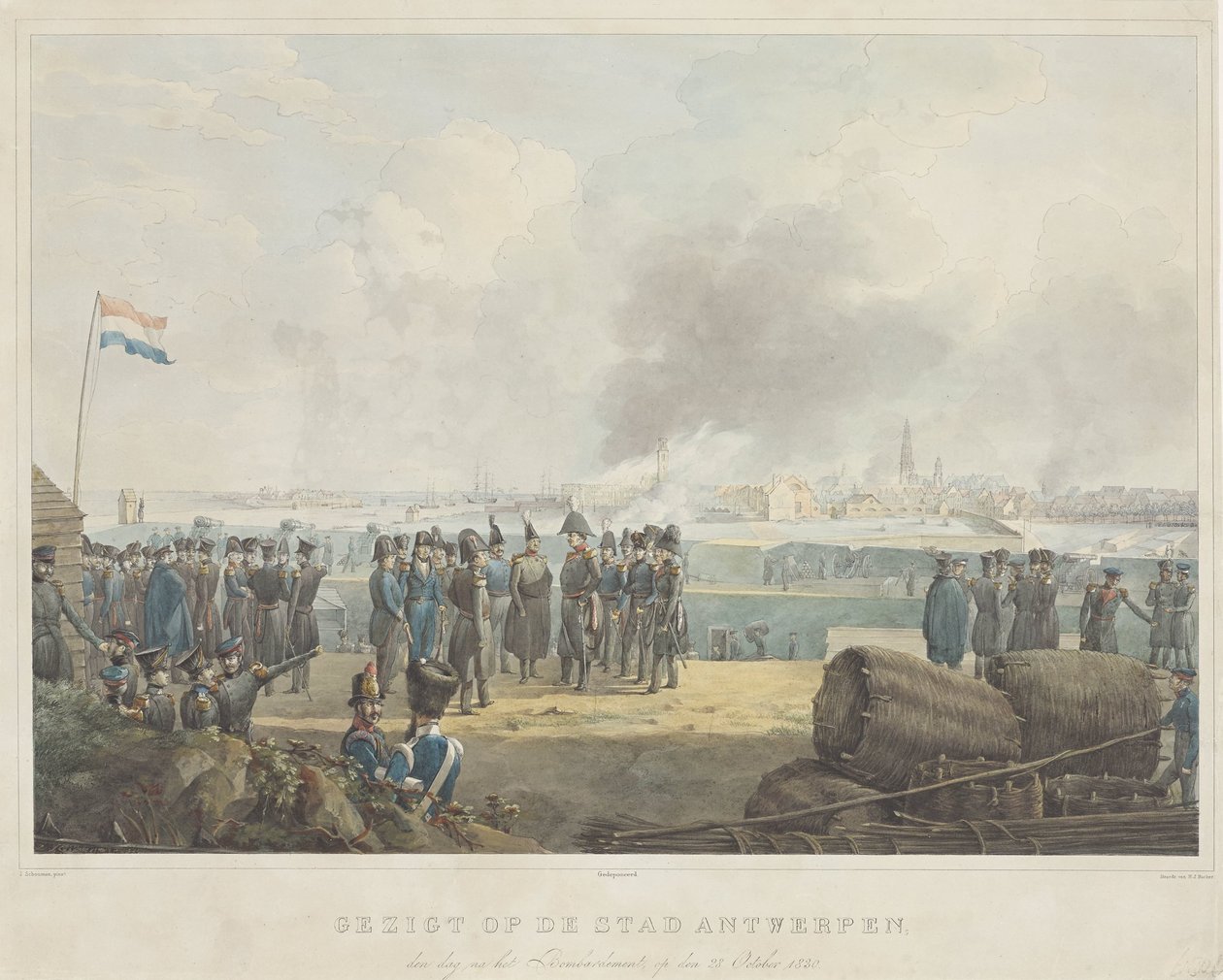 Pohled na město Antverpy, den po bombardování, 28. října 1830 (název na objektu) od Anonymous