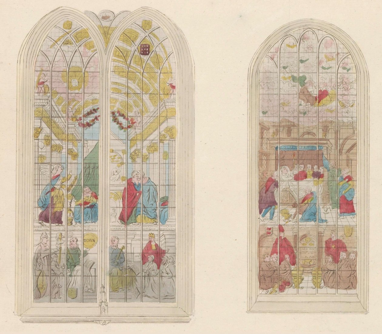 Glasramen in de Oude Kerk te Amsterdam, 1810-1825 Znázornění slavných malovaných oken starého kostela (název na objektu) od Anonymous