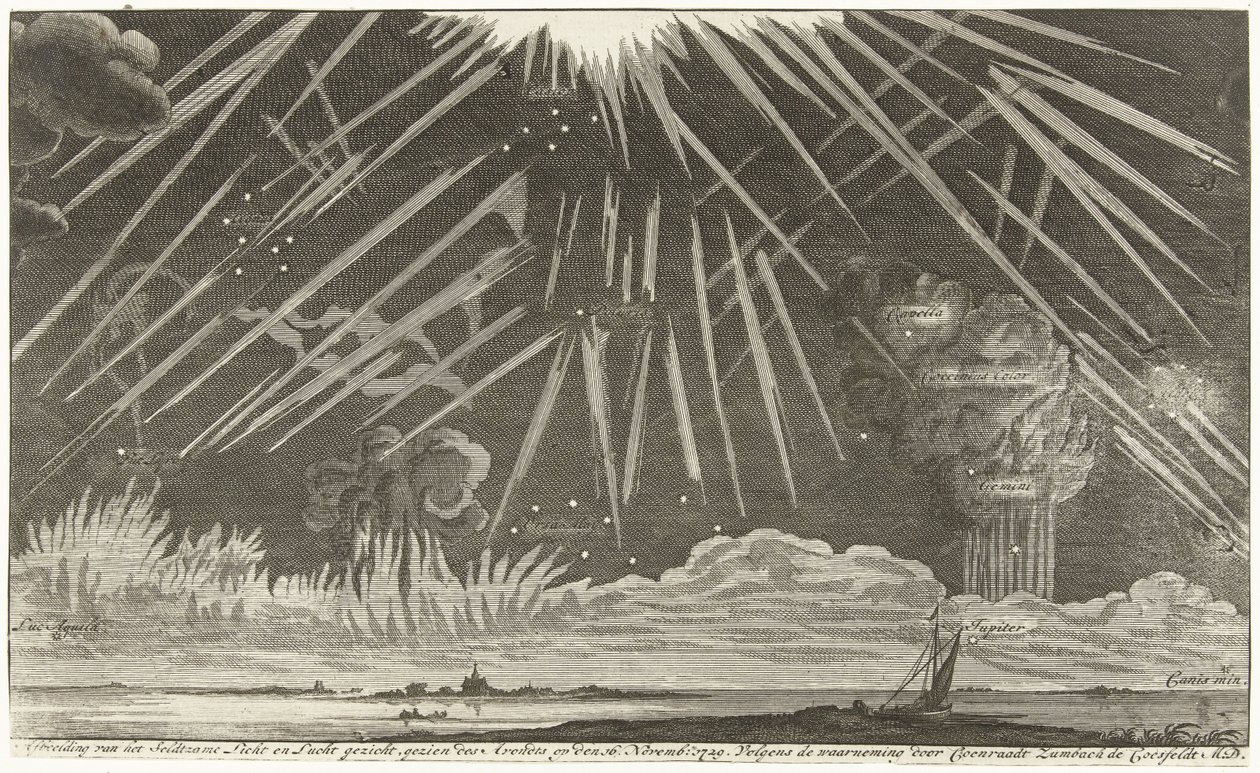 Nebeské jevy, 1729 Obrázek Seldtzame Light and Sky view, viděný večer 16. listopadu: 1729. Podle pozorování Coenraadta Zumbacha de Croesfeldt M.D. (název na objektu) od Anonymous