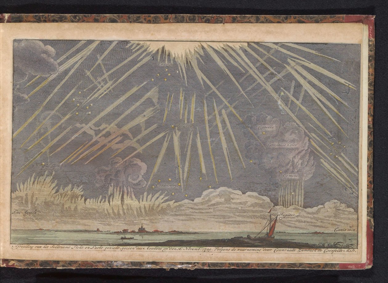 Nebeské jevy, 1729 Obrázek Seldtzame Light and Sky view, viděný večer 16. listopadu: 1729. Podle pozorování Coenraadta Zumbacha de Croesfeldt M.D. (název na objektu) od Anonymous