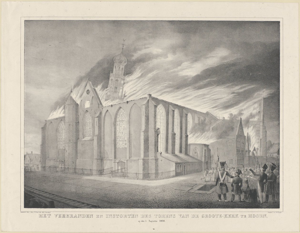 Spálení a zřícení věží Groote-Kerk v Hoornu dne 3. srpna 1838 (název na objektu) od Anonymous