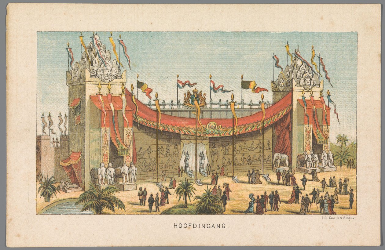 Hlavní vchod na Světovou výstavu v Amsterdamu, 1883 Hlavní vchod (nadpis na objektu) Vzpomínka na Amsterdam v roce 1883 (název série na objektu) od Anonymous