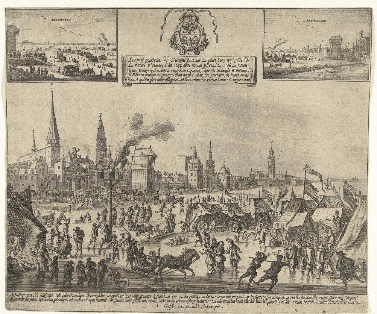 Ledová zábava na zamrzlé Šeldě v Antverpách, 1684 Le vray poutraict, du Triomphe faict sur la glace demy splavný, de la riviere d