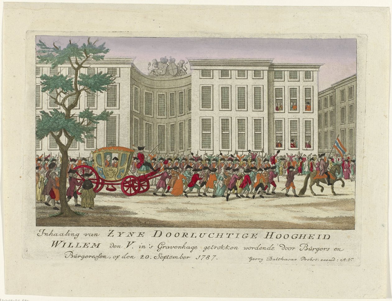 Předjetí prince z Orange, 1787 Předjíždění Zyne Serene Výsosti Willema den V. kresleného v Haagu Burgers a Burgeressen, 20. září 1787 (název na objektu) Barevné německé tisky o událostech z od Anonymous