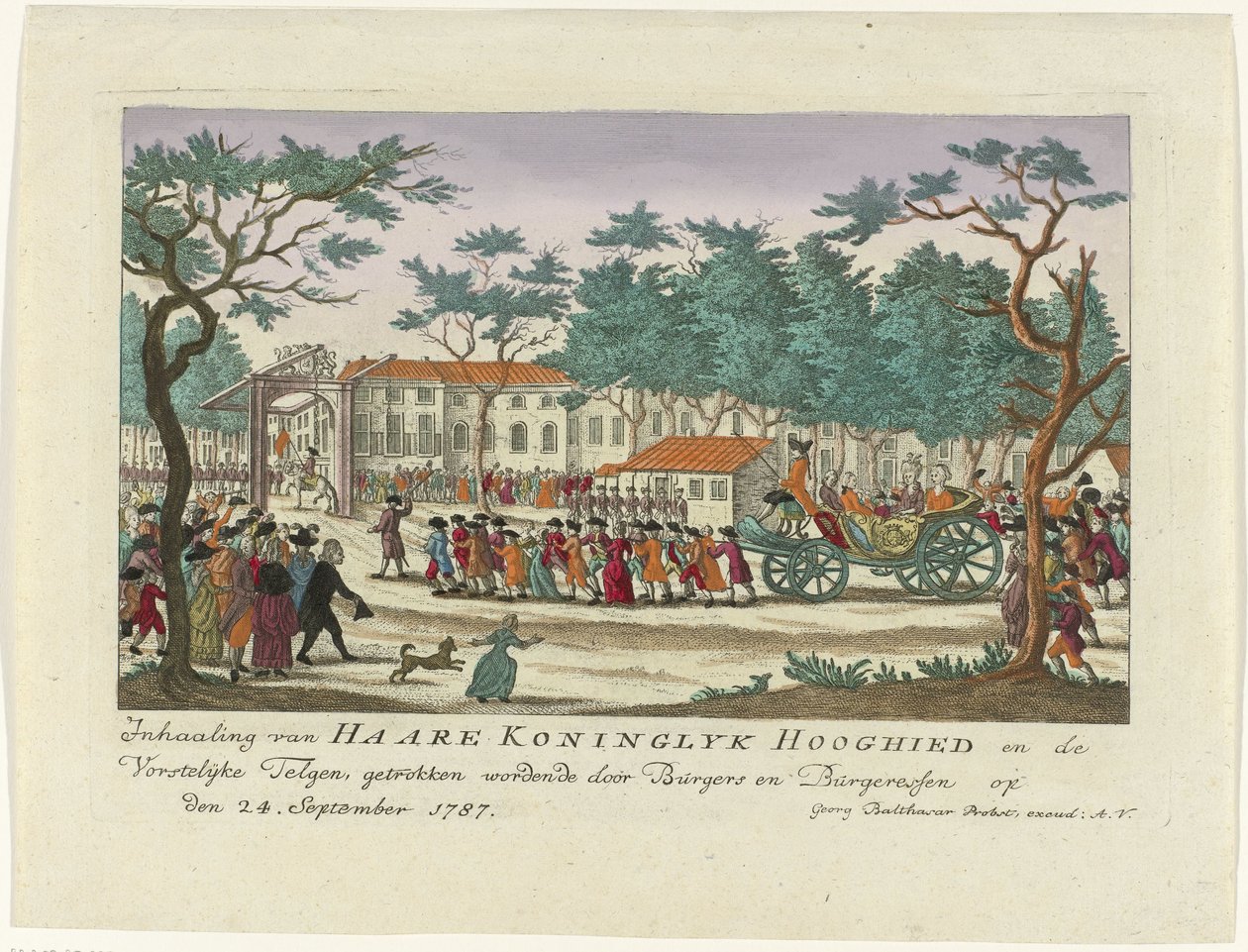 Předjetí princezny z Orange a dětí, 1787 Předjetí Haare Koninglyk Hooghied a Royal Scions, nakreslený Burgersem a Burgeressenem 24. září 1787 (název na objektu) Barevné německé tisky o akci od Anonymous
