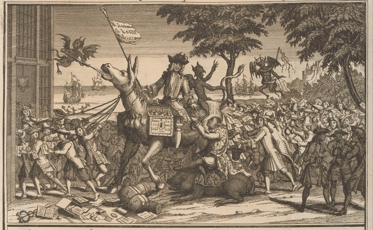 John Law na oslu Sancho Panzy, 1720 Law, jako druhý Don-Quichot, se vysmívá Sanches Graauwtje (titul na předmětu) The Great Scene of Folly (název série) od Anonymous