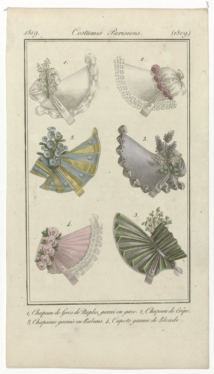 Journal des Dames et des Modes, Costumes Parisiens, 15. dubna 1819, (1809): 1, Gros de Neapol Hat (...) od Anonymous