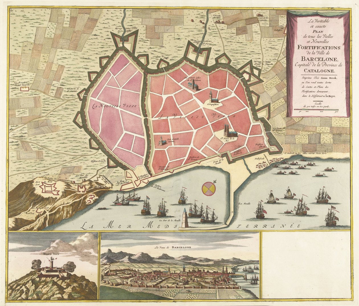 Kaart van Barcelona, ​​cca. 1706 Skutečný a přesný plán všech starých a nových opevnění města Barcelona, ​​​​hlavního města provincie Katalánsko (název na objektu) od Anonymous