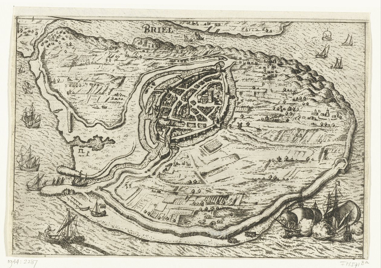 Mapa ostrova Voorne a mapa Brielle, 1572 Briel (název na objektu) od Anonymous