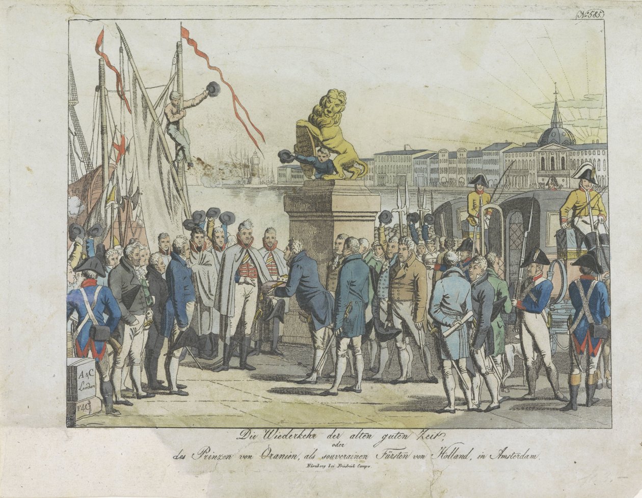 Komst van de Souverein Vorst te Amsterdam, 1813. Návrat starých dobrých časů, (...) princ Oranžský, jako suverénní princ Holandska, v Amsterdamu (název na předmět) od Anonymous