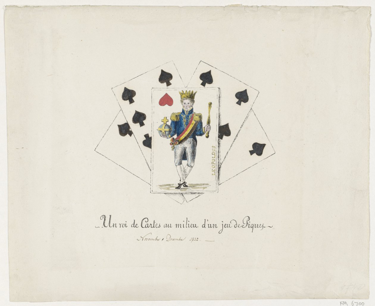Koning Leopold I als de hartenkoning, 1831-1832 Karetní král uprostřed pikového balíčku (titul na předmětu) od Anonymous