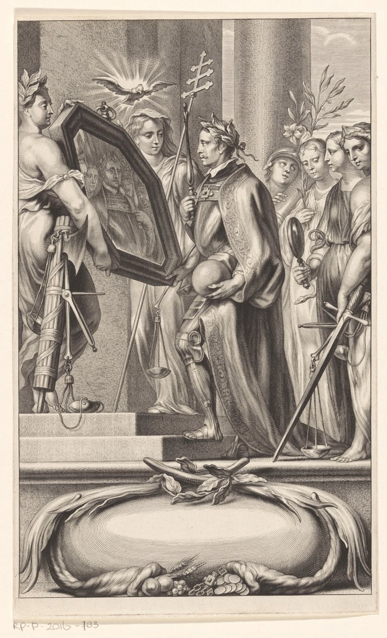 Spravedlnost a víra zvedají Kingovi zrcadlo Titulní strana pro: Petrus Belluga a Camillo Borello, Speculum principum, 1655 od Anonymous