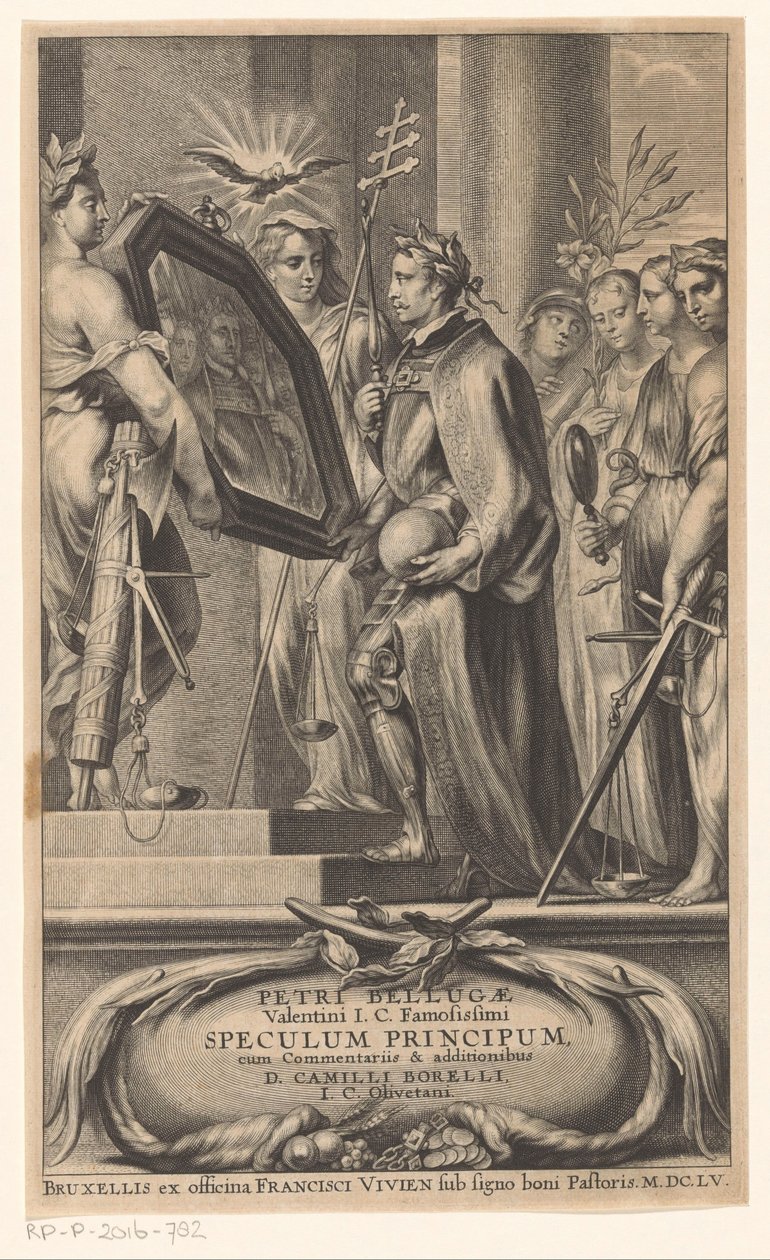Spravedlnost a víra zvedají Kingovi zrcadlo Titulní strana pro: Petrus Belluga a Camillo Borello, Speculum principum, 1655 od Anonymous