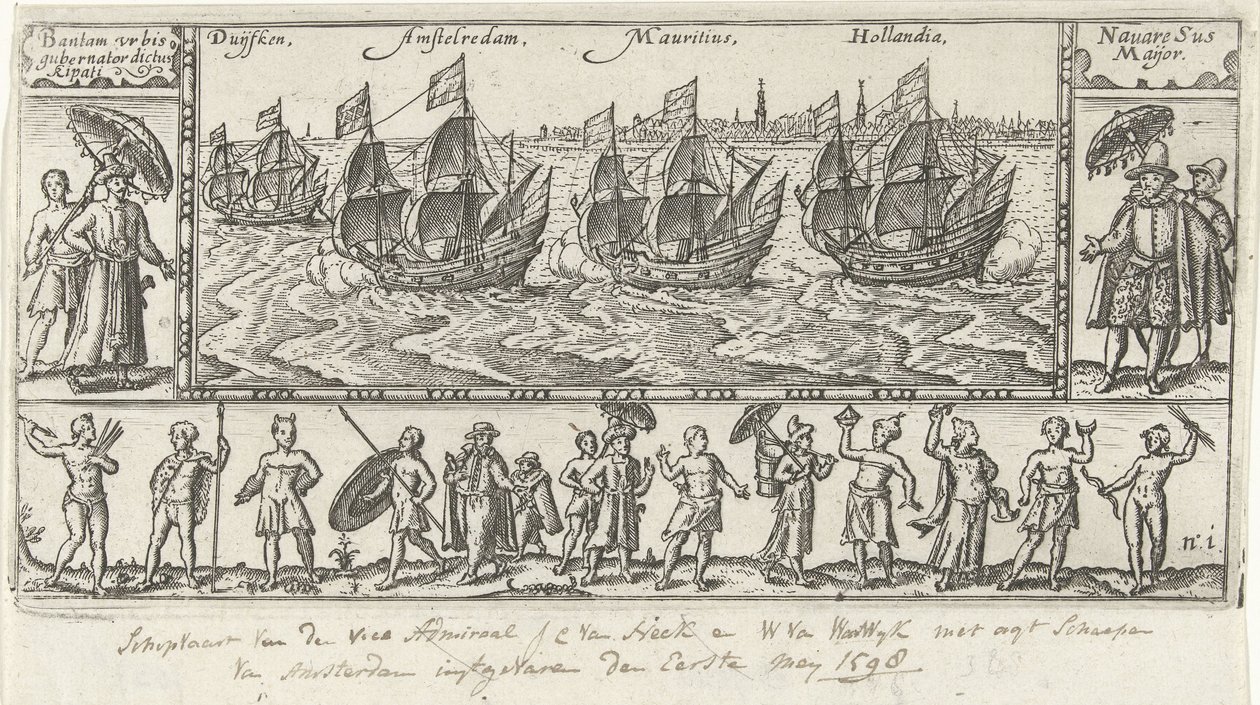 Kopie podle původního titulního tisku pro Houtmans Journael vande reyse der Hollandtsche ships ghedaen in Oostelijk, 1598 od Anonymous