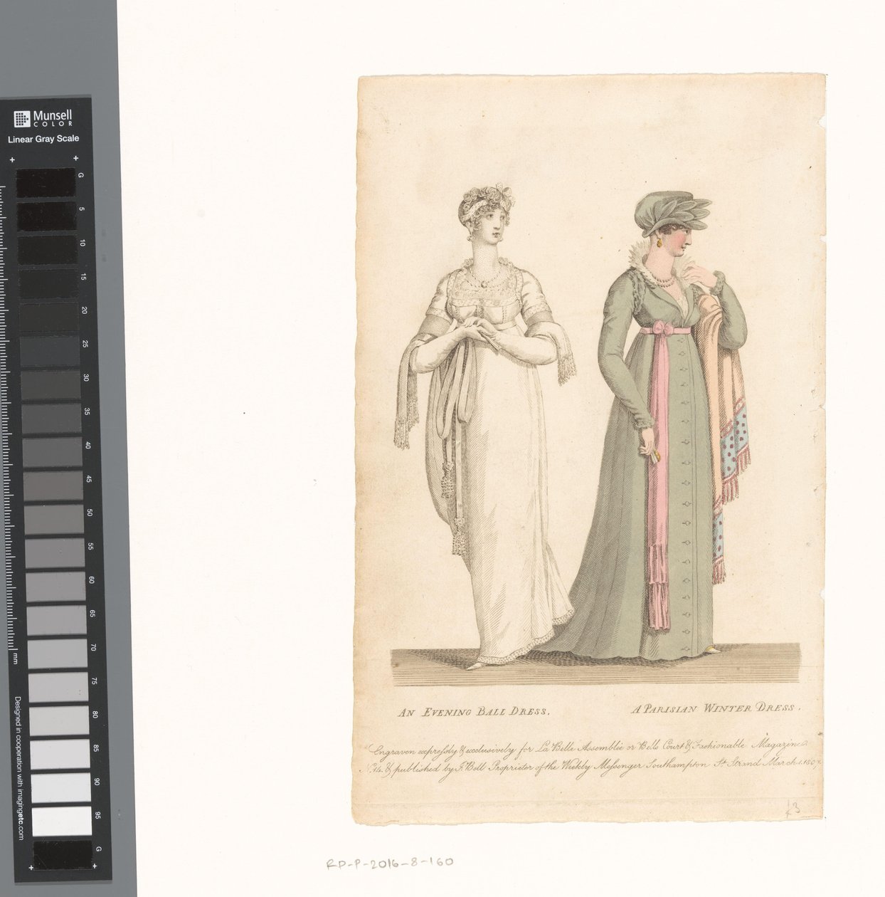La Belle Assemblée, 1. března 1807, č. 14: Večerní plesové šaty / Pařížské zimní šaty od Anonymous