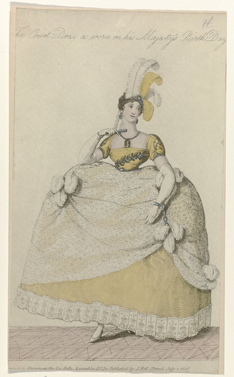 La Belle Assemblee, 1. července 1808, č. 32: Dvorní šaty (...) od Anonymous