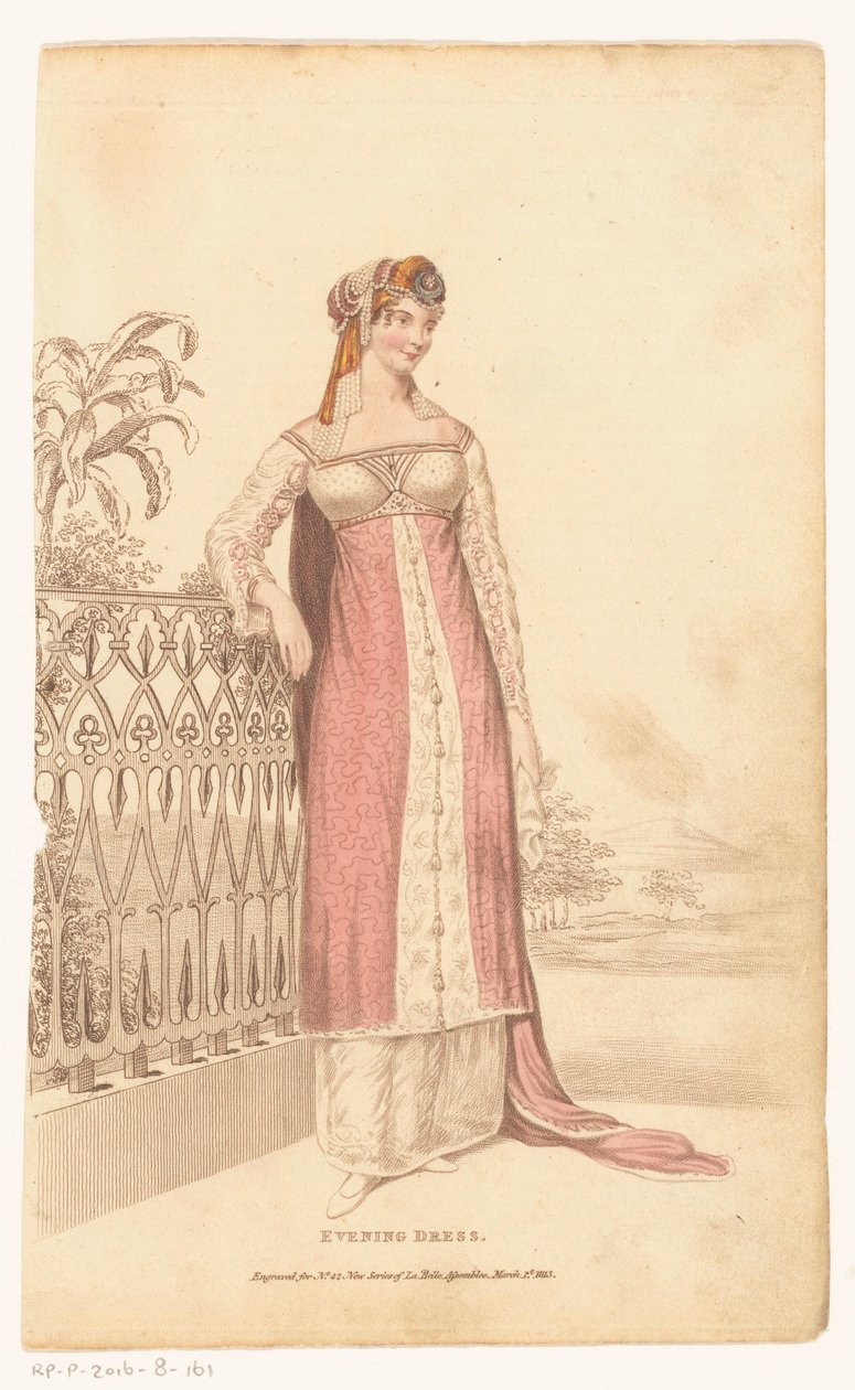 La Belle Assemblee, 1. března 1813, č. 42 (nová řada): Večerní šaty od Anonymous