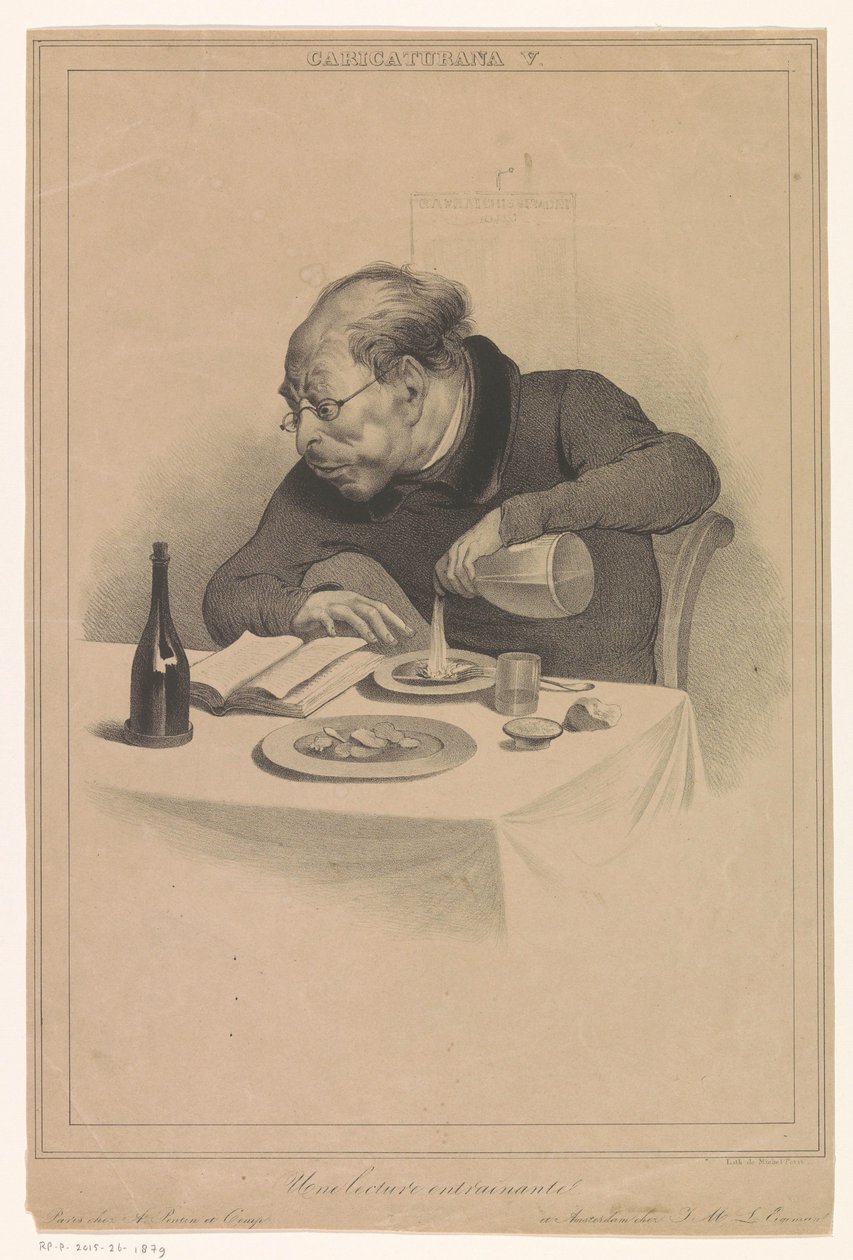 čtoucí muž Une přednáška entraînante (název o předmětu) Karikatury (od vydavatelů Pontin a Eigeman) (název série) Caricaturana (název série na objektu) od Anonymous