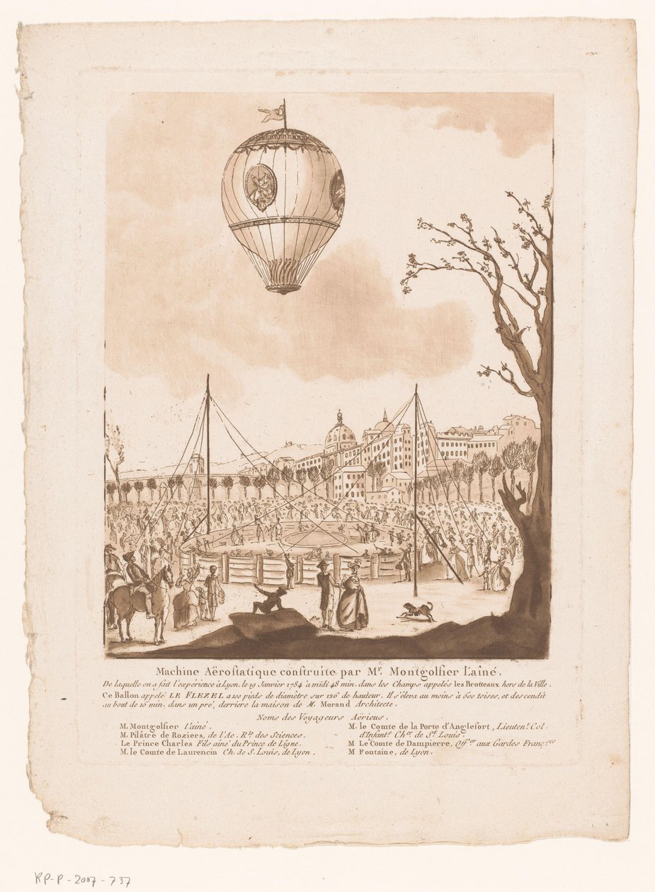 Luchtballon, Le Flezel, van Joseph-Michael Montgolfier starší Buiten Lyon Aerostatický stroj postavený panem Montgolfierem starším (název na objektu) od Anonymous