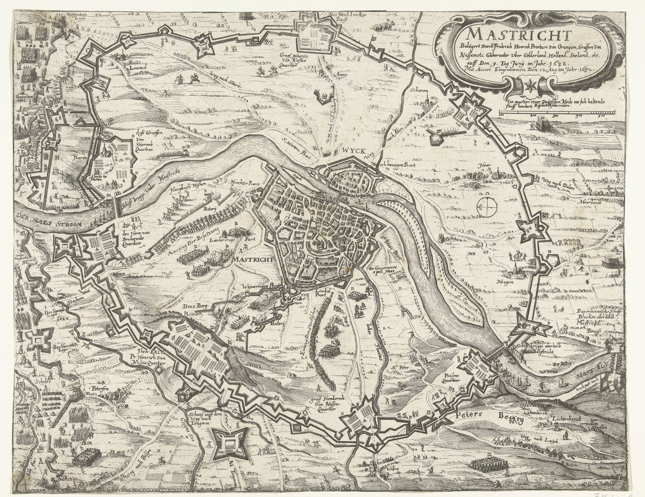 Maastricht obsazený Frederikem Hendrikem, 1632 Maestricht oblehl Friderich Henrich Printzen von Orangien (...) 9. června roku 1632. Převzato s Accortem 12. srpna roku 1632 (název na předmětu) od Anonymous