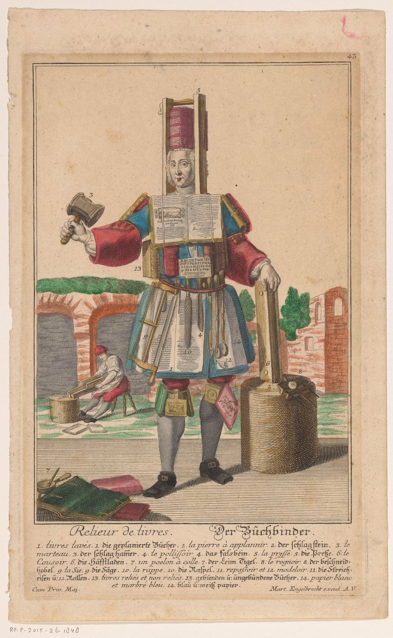 Muž v obleku knihařské nástroje Relieur de livres / Der Buchbinder (název na objektu) od Anonymous