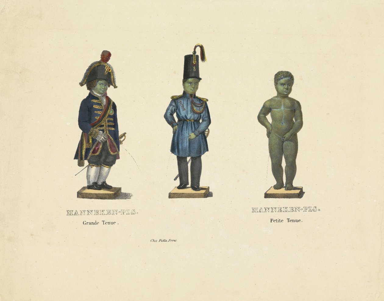 Manneken Pis v různých šatech, 1817 Manneken-Pis. Velký outfit. Manneken-Pis. Petite outfit (název na předmětu) od Anonymous