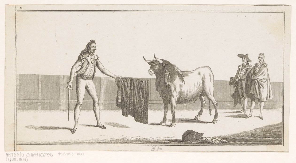 Matador vyzývá býka Coleccion de las principales suertes de una corrida de toros (název série na objektu) Sbírka nejdůležitějších býčích manévrů (název série) od Anonymous