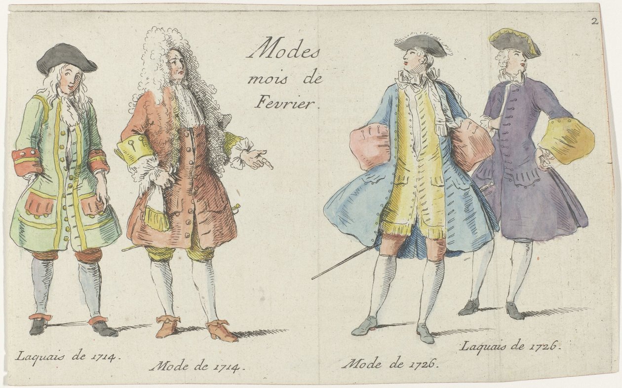 Režimy Mois de Fevrier (název na objektu) Čtyři muži oblečení podle módy z let 1714 a 1726 Mercure de France (název série) od Anonymous