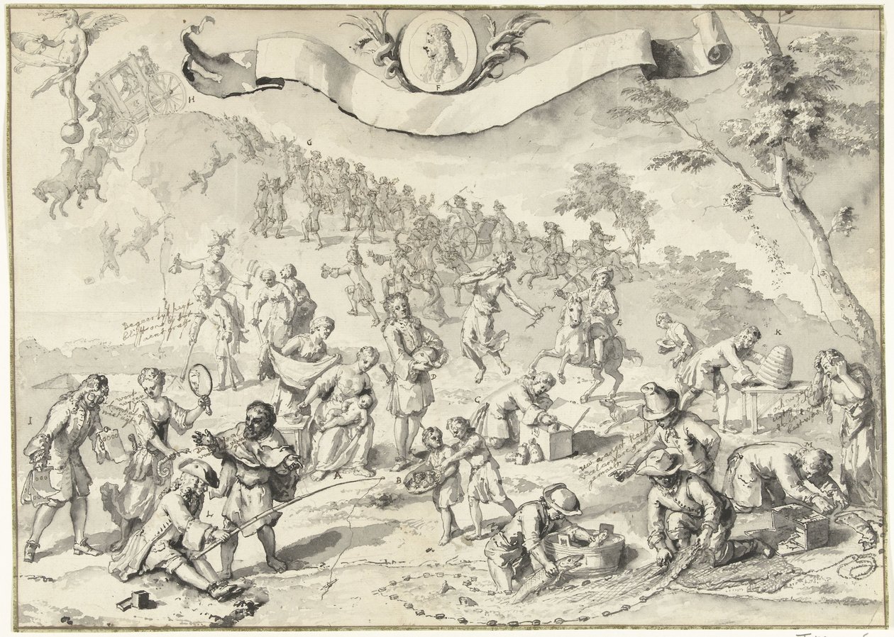 Návrhová kresba tisku Chamtivost se snaží předběhnout Fortunu, 1720 The Great Scene of Folly (název série) od Anonymous