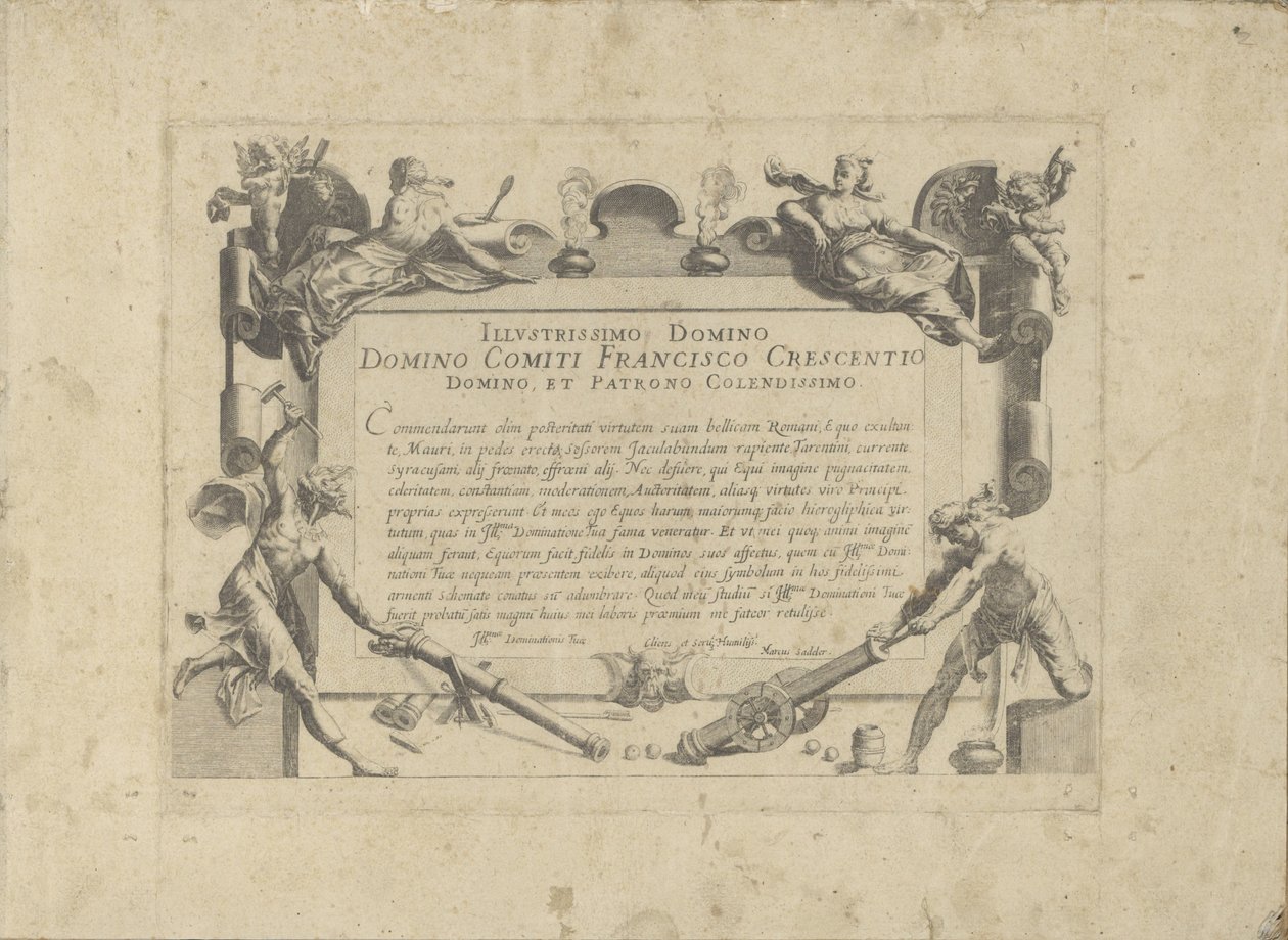 Ornamenteel kartuše s aan de schilder Francesco Crescenzi Kůň, ve kterém se vybírají všechny druhy šlechticů: chování koní rozlišených z různých částí světa (...) (název série na předmětu) od Anonymous