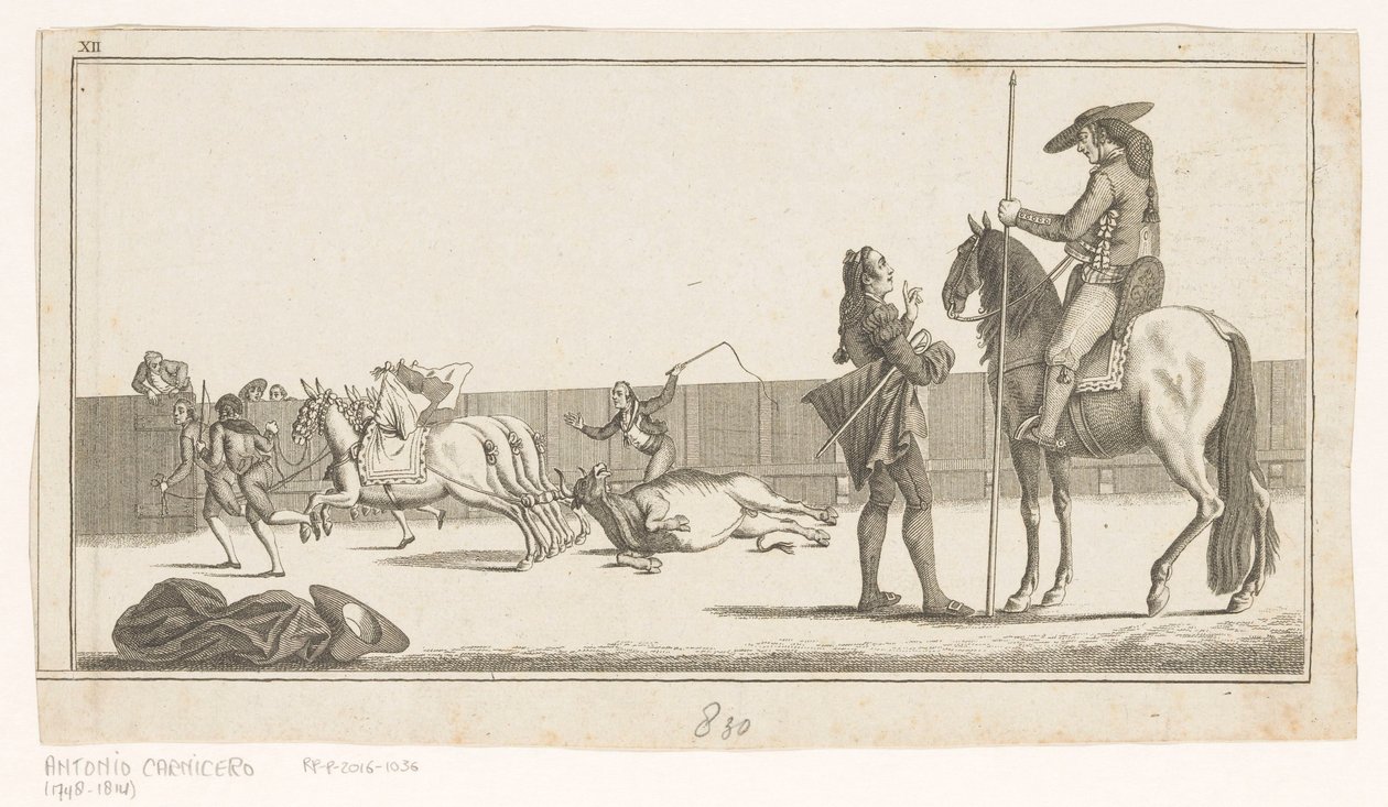 Picador a matador po zabití býka Coleccion de las principales suertes de una corrida de toros (název série na objektu) Sbírka nejdůležitějších býčích manévrů (název série) od Anonymous