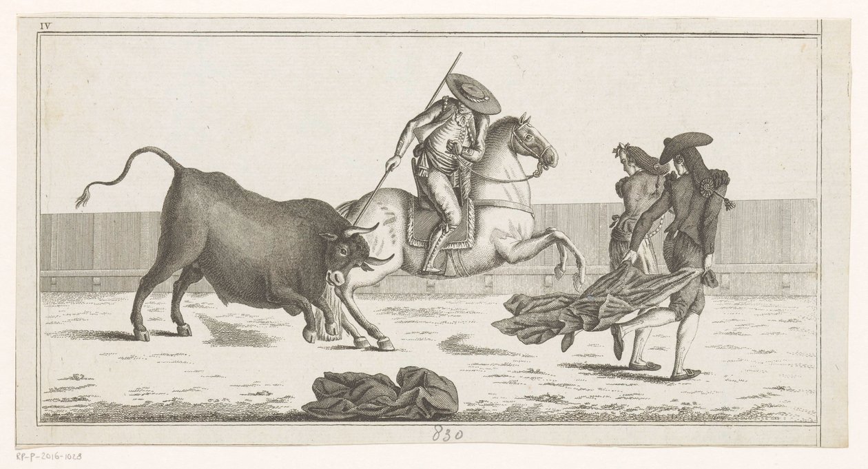 Picador strčí kopí do býka Coleccion de las principales suertes de una corrida de toros (název série na objektu) Sbírka nejdůležitějších býčích manévrů (název série) od Anonymous