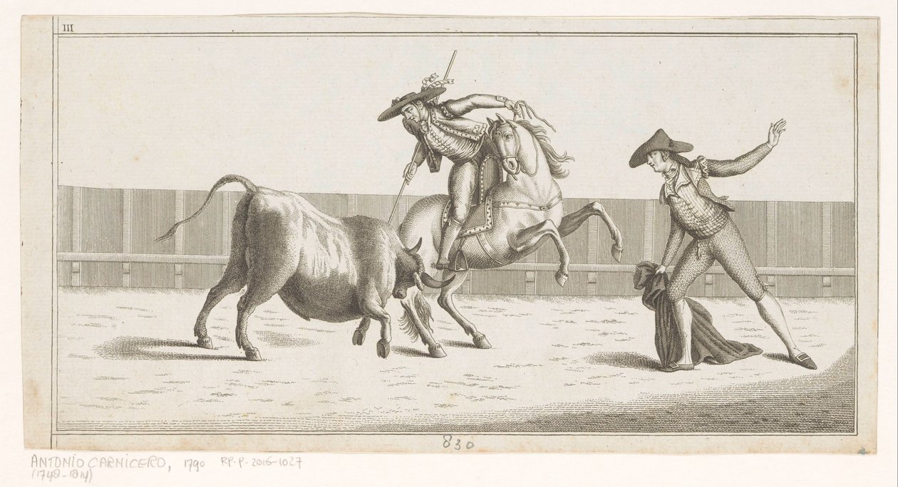Picador strčí kopí do býka Coleccion de las principales suertes de una corrida de toros (název série na objektu) Sbírka nejdůležitějších býčích manévrů (název série) od Anonymous