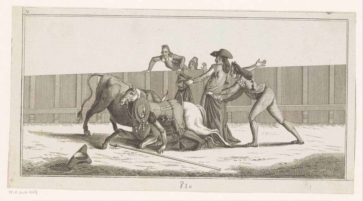 Picador spadl z koně Coleccion de las principales suertes de una corrida de toros (název série na objektu) Sbírka nejdůležitějších býčích manévrů (název série) od Anonymous
