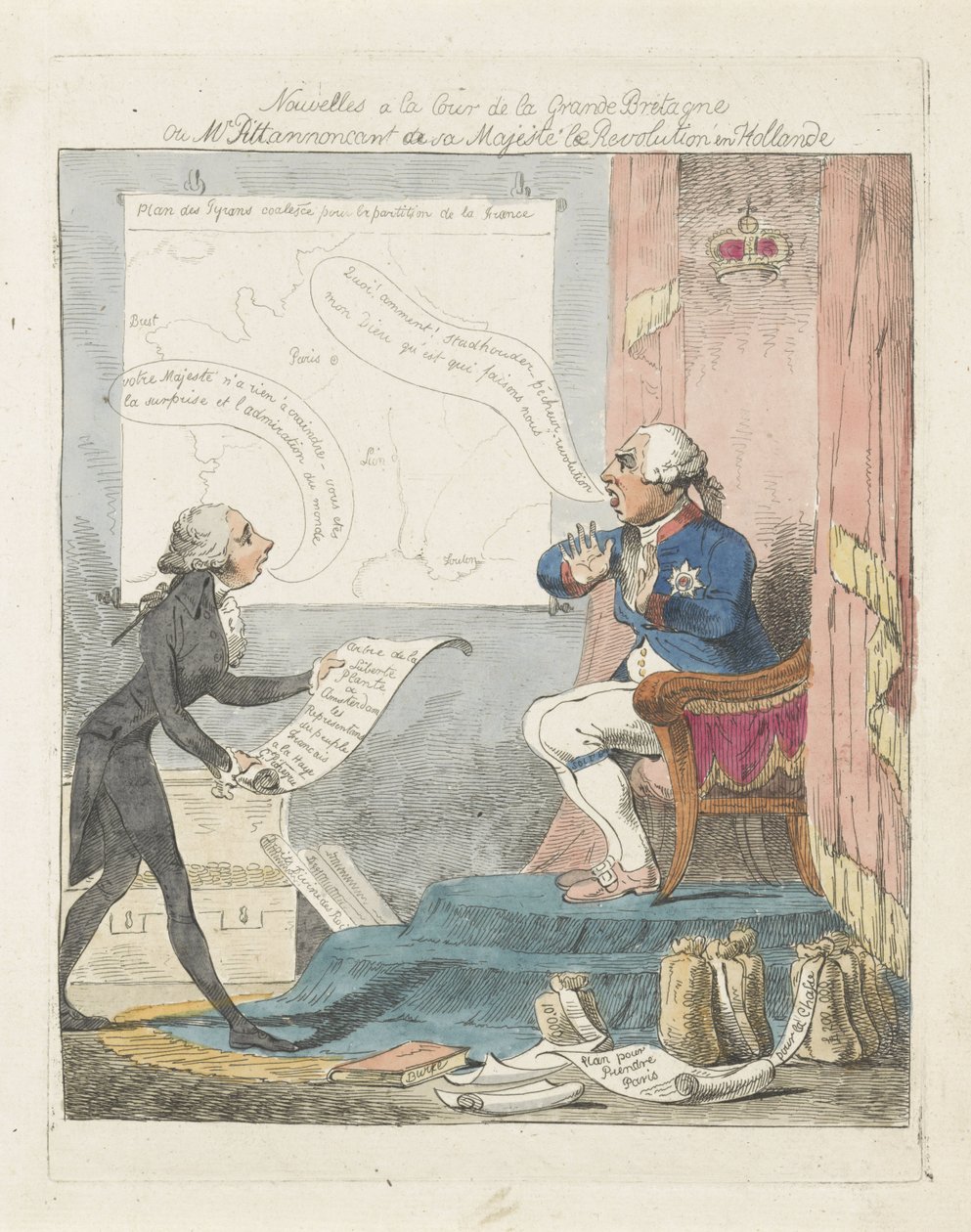 Pitt brengt George III byl nový over de revolutie v Nizozemsku, 1795 Zprávy u soudu Velké Británie nebo pan Pitt oznamující Jeho Veličenstvu revoluci v Holandsku (název na předmět) od Anonymous