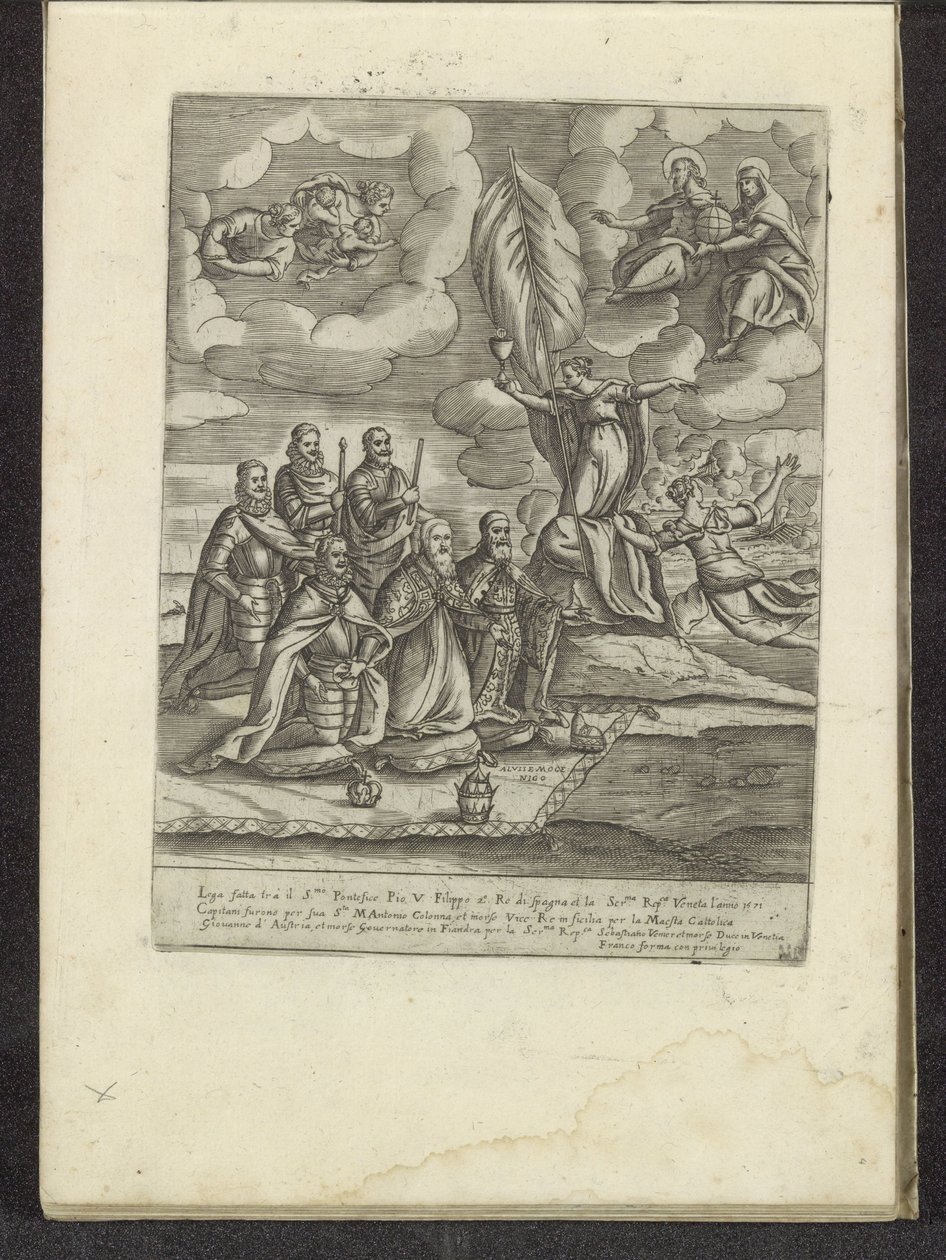 Pius V., Filip II., Alvise I. Mocenigo, Sebastiano Vernier, Marcantonio Colonna a Don Juan Rakouský klečící před Vírou Scény z benátského života (název série) Habiti d