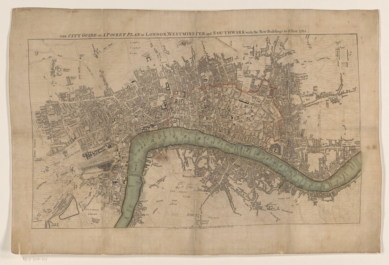 Plattegrond van Londýn, 1761 Průvodce městem aneb kapesní plán Londýna, Westminsteru a Southwarku s novými budovami do roku 1761 (název na objektu) od Anonymous