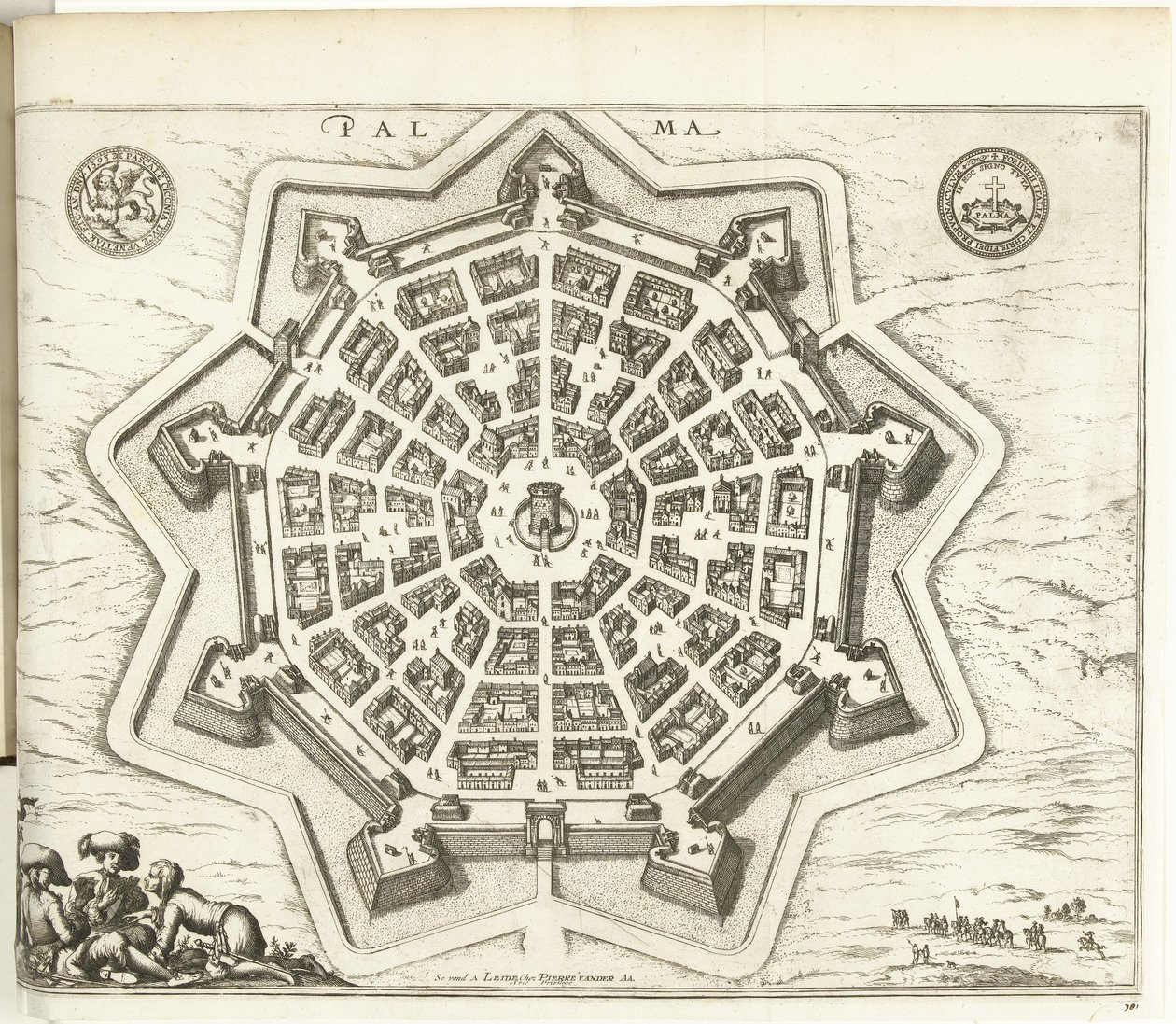 Plattegrond van Palmanova, 1726 Palma (název na objektu) Síly Evropy, Asie, Afriky a Ameriky (...) Stejně jako mapy pobřeží Francie a Španělska (název série na objektu) od Anonymous